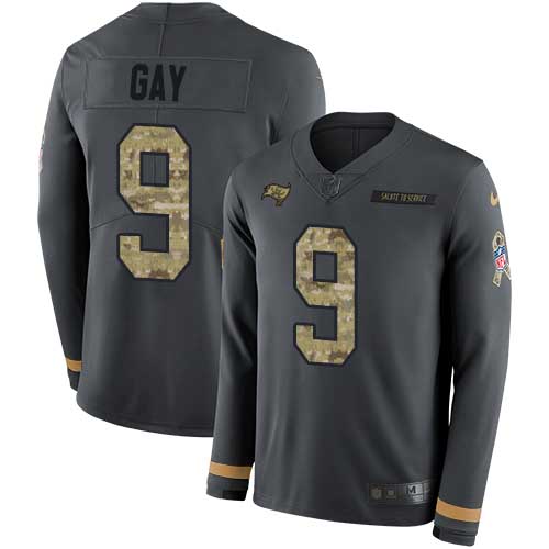 Tampa Bay Buccaneers #9 Matt Gay Anthracite Salute to Service Youth Stitched Limited Therma Long Sleeve Jersey Youth