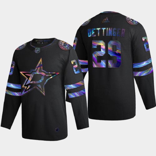 Dallas Dallas Stars #29 Jake Oettinger Men's Iridescent Holographic Collection Jersey - Black Men's