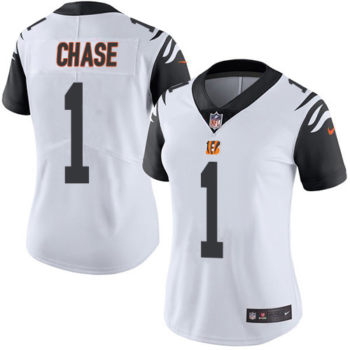 Bengals #1 Ja'Marr Chase White Women's Stitched Limited Rush Jersey