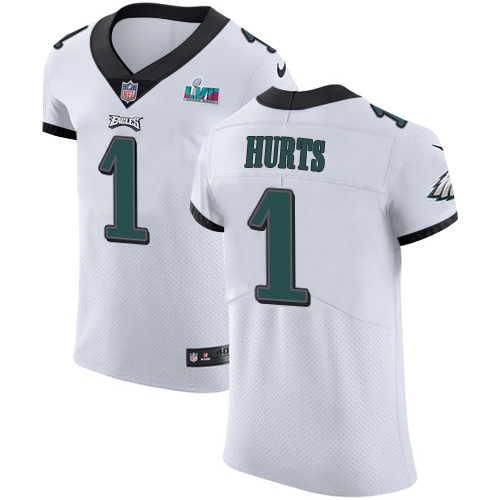 Eagles #1 Jalen Hurts White Super Bowl LVII Patch Men's Stitched New Elite Jersey