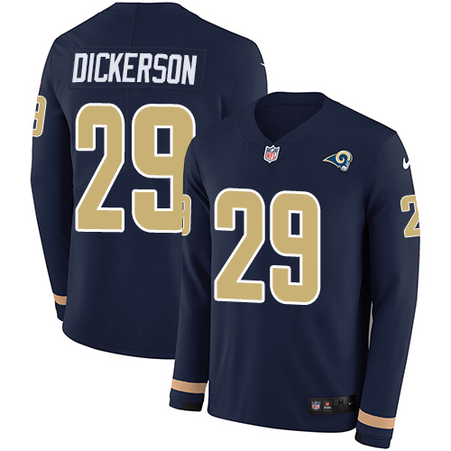 Rams #29 Eric Dickerson Navy Blue Team Color Men's Stitched Limited Therma Long Sleeve Jersey