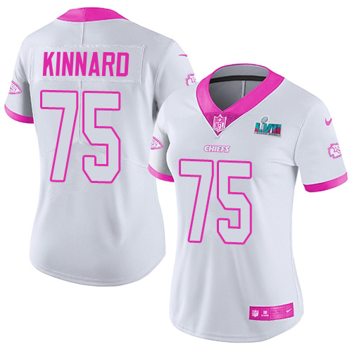 Chiefs #75 Darian Kinnard White/Pink Super Bowl LVII Patch Women's Stitched Limited Rush Fashion Jersey