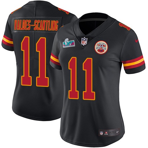 Chiefs #11 Marquez Valdes-Scantling Black Super Bowl LVII Patch Women's Stitched Limited Rush Jersey