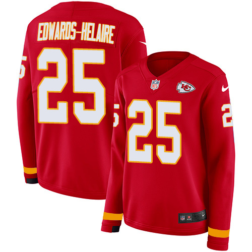 Chiefs #25 Clyde Edwards-Helaire Red Team Color Women's Stitched Limited Therma Long Sleeve Jersey