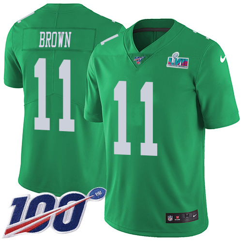 Eagles #11 A.J. Brown Green Super Bowl LVII Patch Youth Stitched Limited Rush 100th Season Jersey