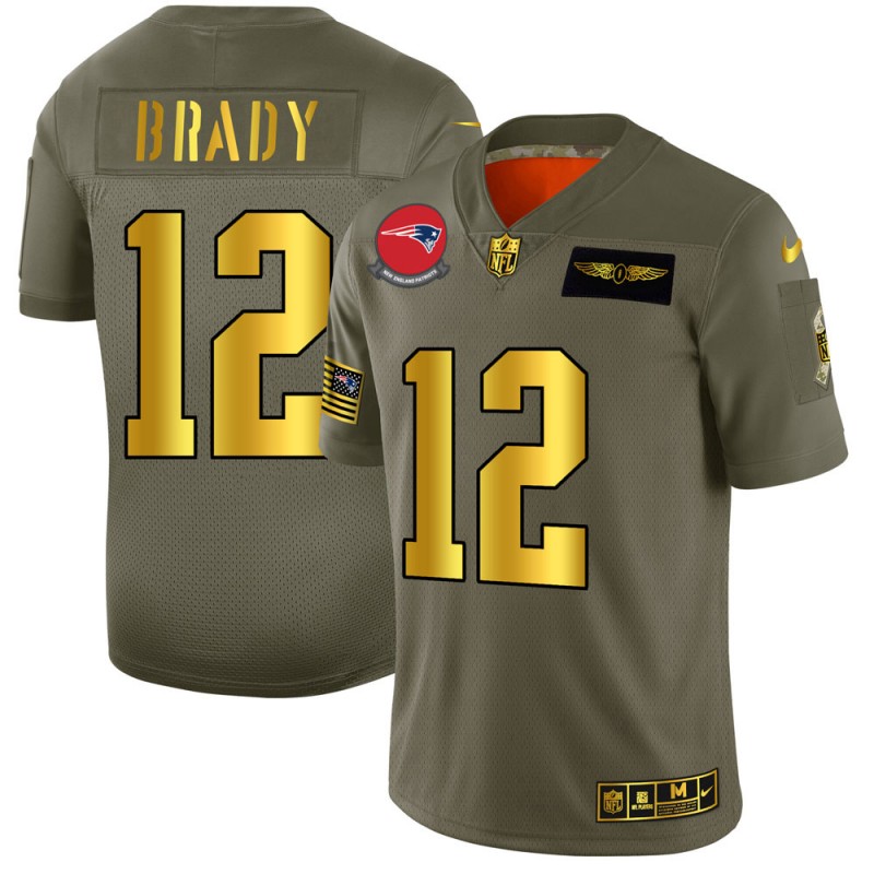 New England Patriots #12 Tom Brady Men's Olive Gold 2019 Salute To Service Limited Jersey