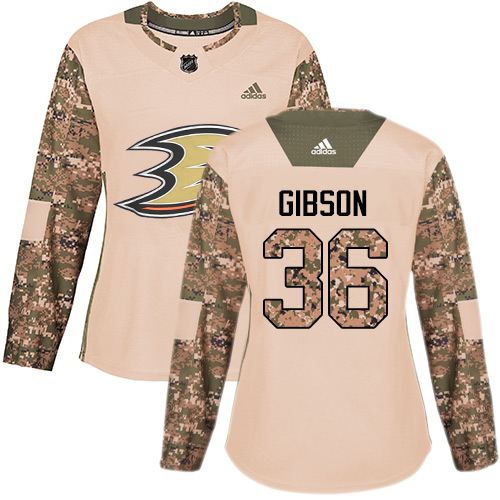 Adidas Anaheim Ducks #36 John Gibson Camo Authentic 2017 Veterans Day Women's Stitched Jersey Womens
