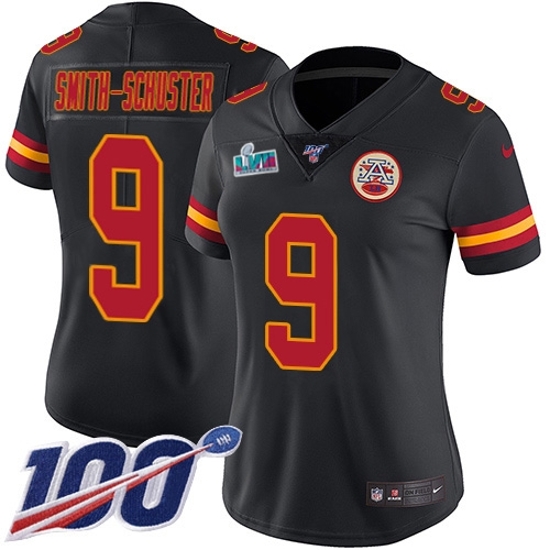 Chiefs #9 JuJu Smith-Schuster Black Super Bowl LVII Patch Women's Stitched Limited Rush 100th Season Jersey
