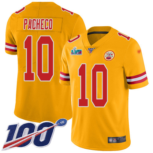 Chiefs #10 Isiah Pacheco Gold Super Bowl LVII Patch Men's Stitched Limited Inverted Legend 100th Season Jersey