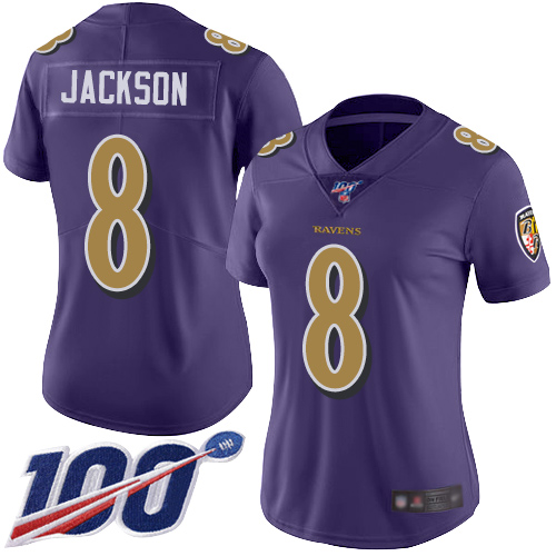 Ravens #8 Lamar Jackson Purple Women's Stitched Limited Rush 100th Season Jersey