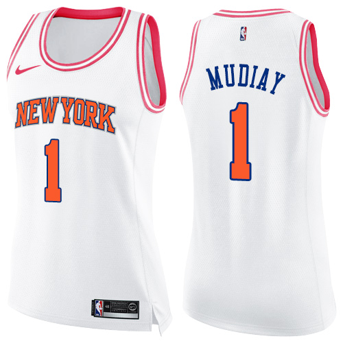 New York Knicks #1 Emmanuel Mudiay White/Pink Womens Swingman Fashion Jersey Womens