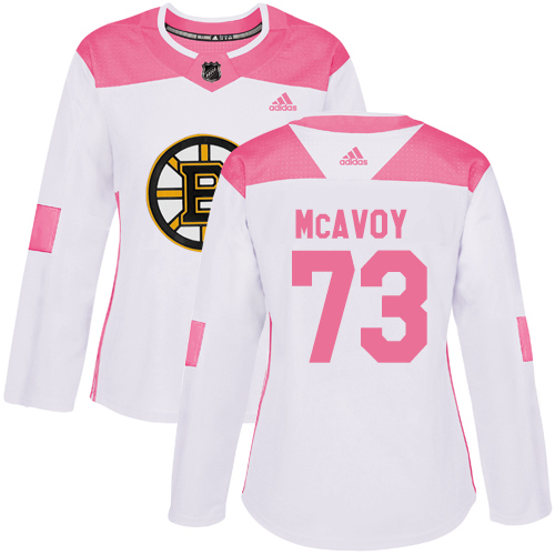 Adidas Boston Bruins #73 Charlie McAvoy White/Pink Authentic Fashion Women's Stitched Jersey Womens