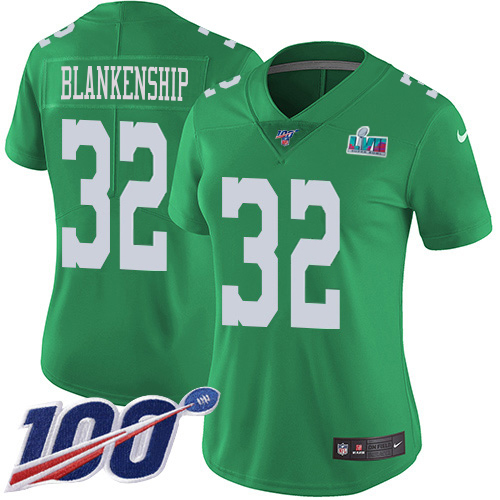 Eagles #32 Reed Blankenship Green Super Bowl LVII Patch Women's Stitched Limited Rush 100th Season Jersey