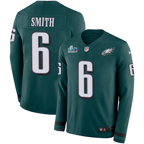 Eagles #6 DeVonta Smith Green Super Bowl LVII Patch Team Color Youth Stitched Limited Therma Long Sleeve Jersey