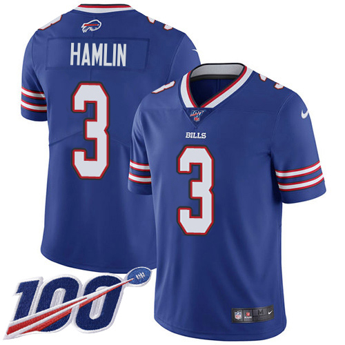Bills #3 Damar Hamlin Royal Blue Team Color Men's Stitched 100th Season Vapor Limited Jersey