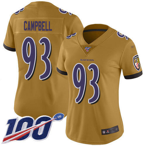 Baltimore Ravens #93 Calais Campbell Gold Women's Stitched Limited Inverted Legend 100th Season Jersey Womens