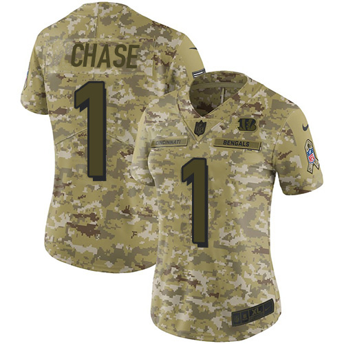 Bengals #1 Ja'Marr Chase Camo Women's Stitched Limited 2018 Salute To Service Jersey