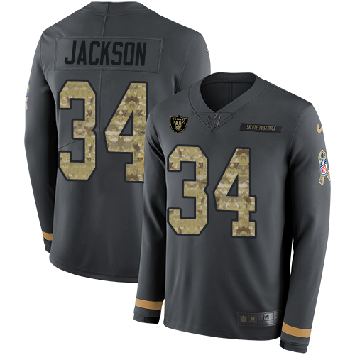 Raiders #34 Bo Jackson Anthracite Salute To Service Youth Stitched Limited Therma Long Sleeve Jersey