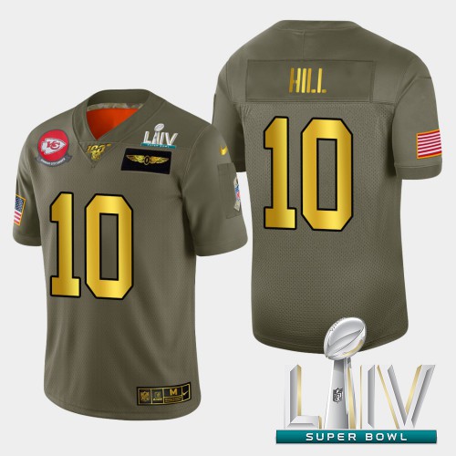 Kansas City Kansas City Chiefs #10 Tyreek Hill Men's Olive Gold Super Bowl LIV 2020 2019 Salute to Service Limited 100 Jersey Men's