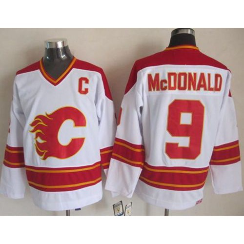Calgary Flames #9 Lanny McDonald White CCM Throwback Stitched Jersey Men's