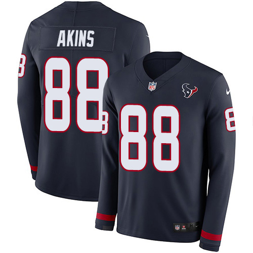 Houston Texans #88 Jordan Akins Navy Blue Team Color Youth Stitched Limited Therma Long Sleeve Jersey Youth