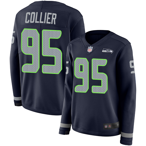 Seattle Seahawks #95 L.J. Collier Steel Blue Team Color Women's Stitched Limited Therma Long Sleeve Jersey Womens