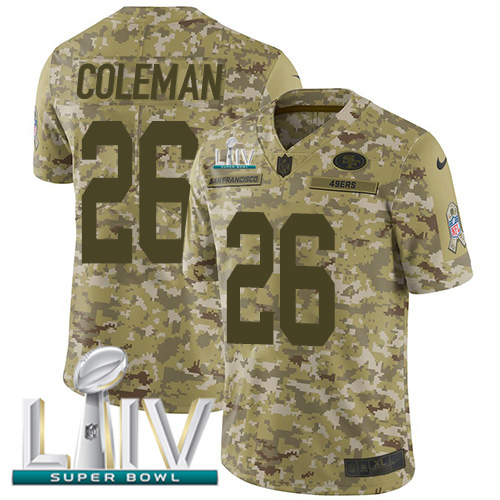 San Francisco 49ers #26 Tevin Coleman Camo Super Bowl LIV 2020 Youth Stitched Limited 2018 Salute To Service Jersey Youth