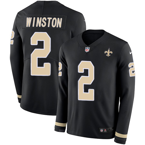 New Orleans Saints #2 Jameis Winston Black Team Color Men's Stitched Limited Therma Long Sleeve Jersey Men's