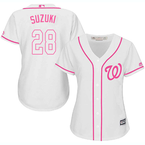 Washington Nationals #28 Kurt Suzuki White/Pink Fashion Women's Stitched Jersey Womens