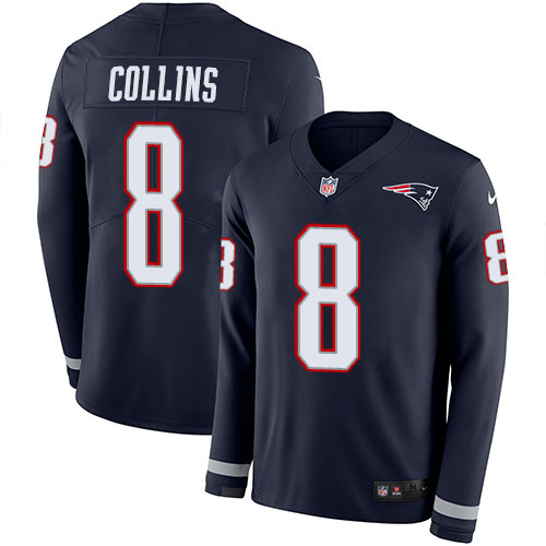 New England Patriots #8 Jamie Collins Sr Navy Blue Team Color Men's Stitched Limited Therma Long Sleeve Jersey Men's