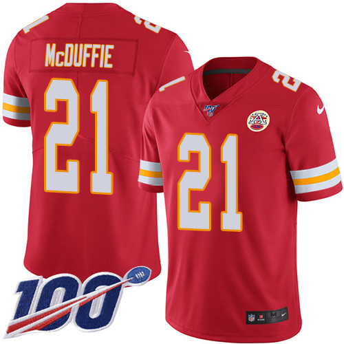 Chiefs #21 Trent McDuffie Red Team Color Youth Stitched 100th Season Vapor Limited Jersey