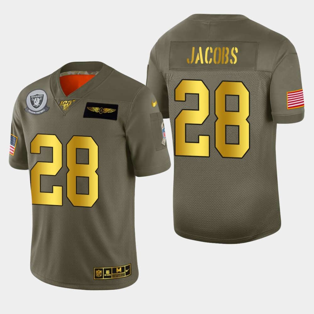 Raiders #28 Josh Jacobs Men's Olive Gold 2019 Salute To Service Limited 100 Jersey
