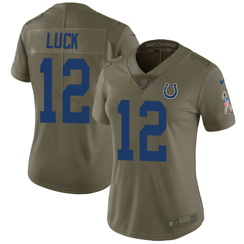 Indianapolis Colts #12 Andrew Luck Olive Women's Stitched Limited 2017 Salute to Service Jersey Womens