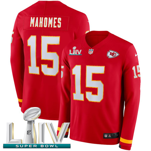 Chiefs #15 Patrick Mahomes Red Super Bowl LIV 2020 Team Color Men's Stitched Limited Therma Long Sleeve Jersey
