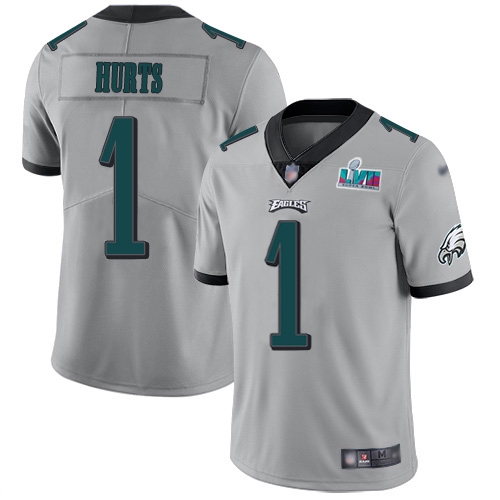 Eagles #1 Jalen Hurts Silver Super Bowl LVII Patch Men's Stitched Limited Inverted Legend Jersey