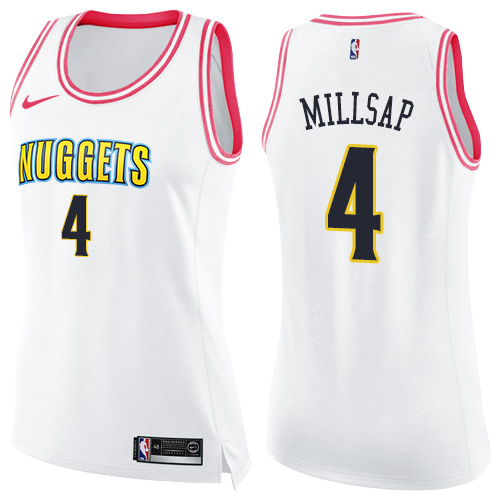 Denver Nuggets #4 Paul Millsap White/Pink Womens Swingman Fashion Jersey Womens