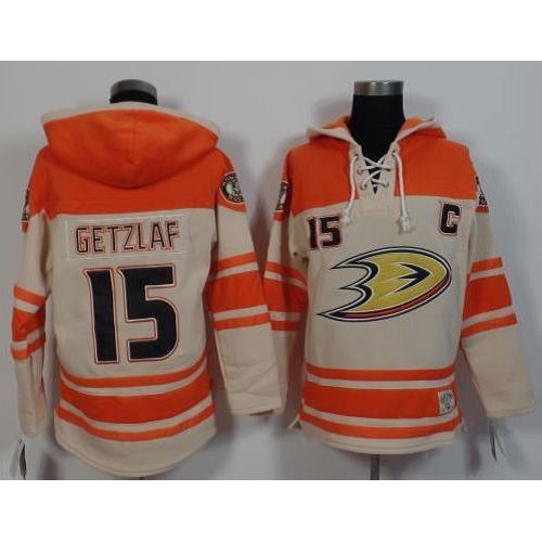 Anaheim Ducks #15 Ryan Getzlaf Cream/Orange Sawyer Hooded Sweatshirt Stitched Jersey Men's