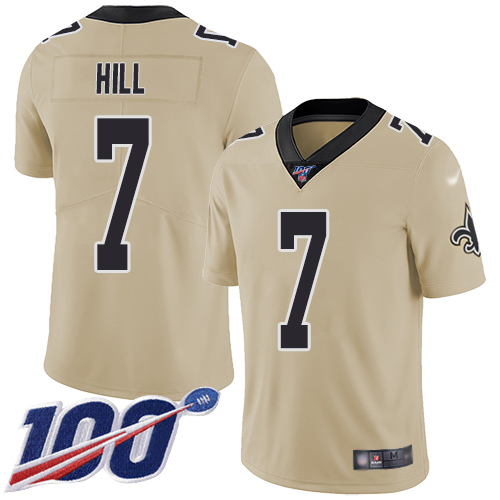 Saints #7 Taysom Hill Gold Men's Stitched Limited Inverted Legend 100th Season Jersey