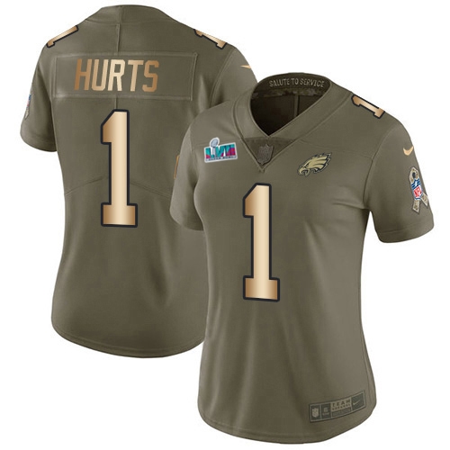 Eagles #1 Jalen Hurts Olive/Gold Super Bowl LVII Patch Women's Stitched Limited 2017 Salute To Service Jersey