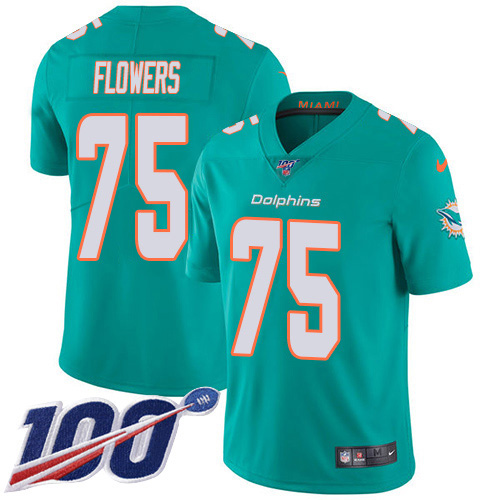 Miami Dolphins #75 Ereck Flowers Aqua Green Team Color Youth Stitched 100th Season Vapor Untouchable Limited Jersey Youth