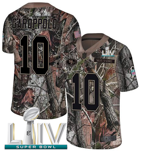 49ers #10 Jimmy Garoppolo Camo Super Bowl LIV 2020 Men's Stitched Limited Rush Realtree Jersey