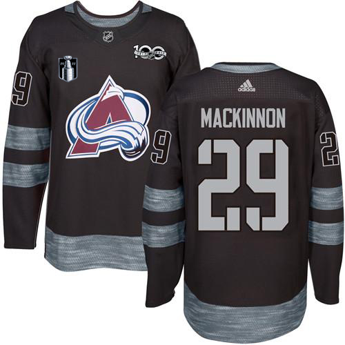 Adidas Colorado Avalanche #29 Nathan MacKinnon Black 2022 Stanley Cup Final Patch 100th Anniversary Stitched Jersey Men's