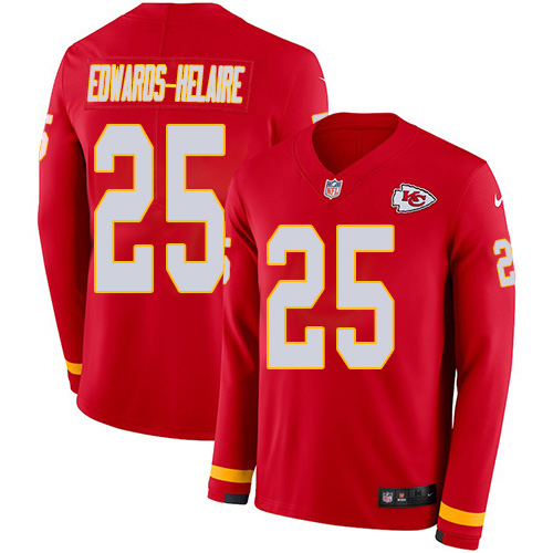 Chiefs #25 Clyde Edwards-Helaire Red Team Color Men's Stitched Limited Therma Long Sleeve Jersey