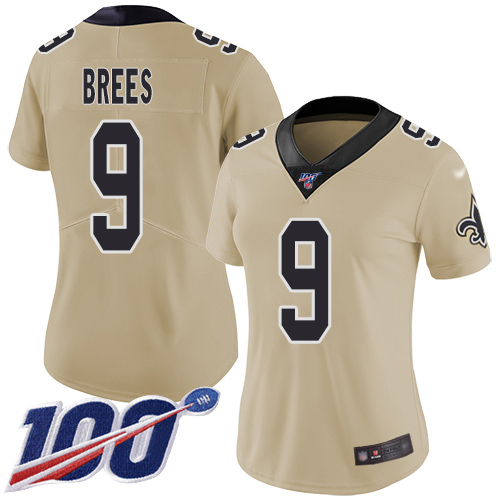 Saints #9 Drew Brees Gold Women's Stitched Limited Inverted Legend 100th Season Jersey