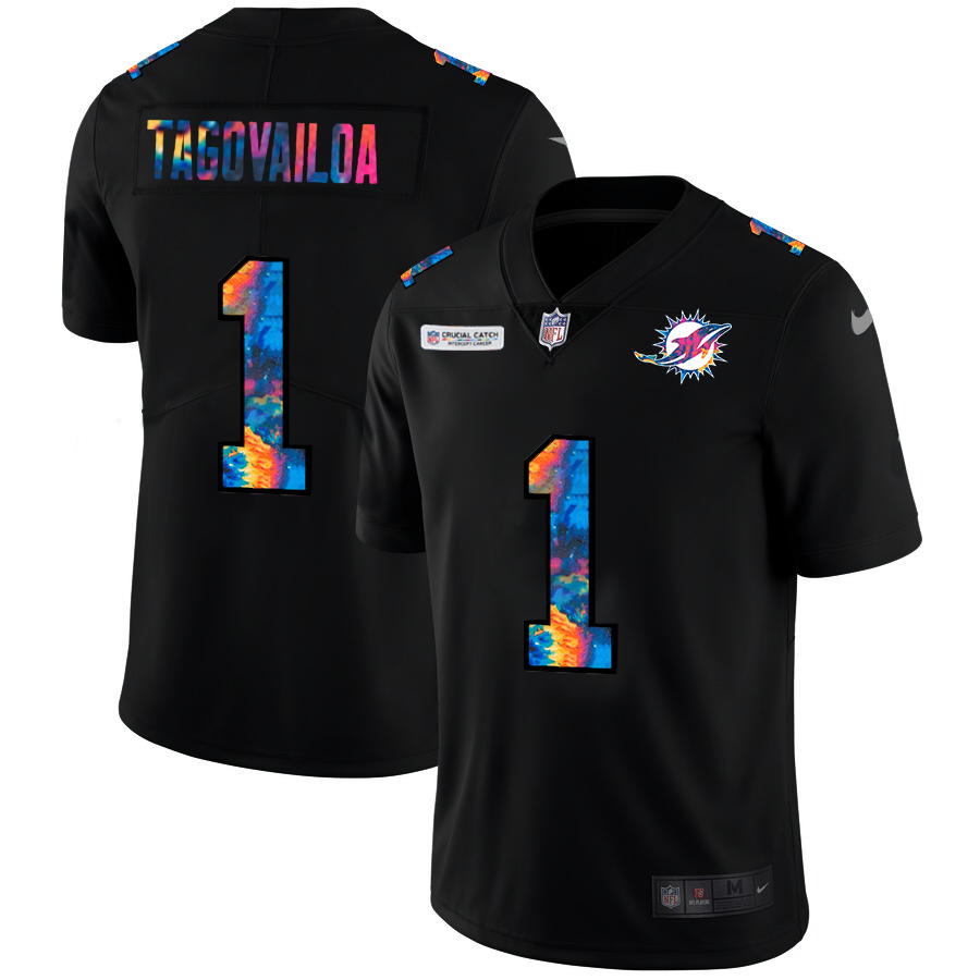 Miami Dolphins #1 Tua Tagovailoa Men's Multi-Color Black 2020 Crucial Catch Vapor Untouchable Limited Jersey
