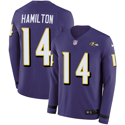 Ravens #14 Kyle Hamilton Purple Team Color Men's Stitched Limited Therma Long Sleeve Jersey