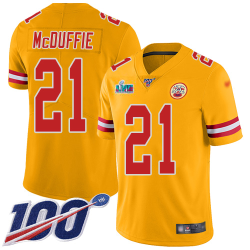 Chiefs #21 Trent McDuffie Gold Super Bowl LVII Patch Men's Stitched Limited Inverted Legend 100th Season Jersey