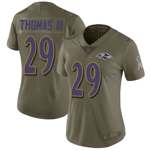 Baltimore Ravens #29 Earl Thomas III Olive Women's Stitched Limited 2017 Salute to Service Jersey Womens