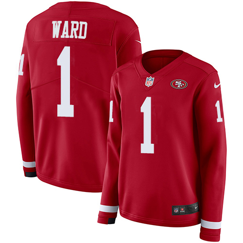 49ers #1 Jimmie Ward Red Team Color Women's Stitched Limited Therma Long Sleeve Jersey