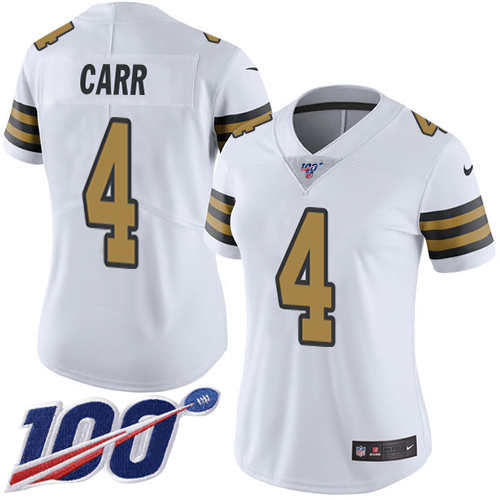 Saints #4 Derek Carr White Women's Stitched Limited Rush 100th Season Jersey
